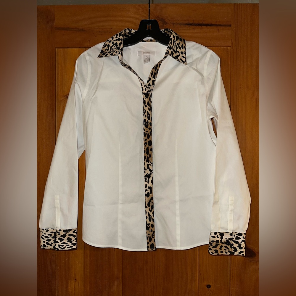 Chico's White Shirt with Leopard Accents